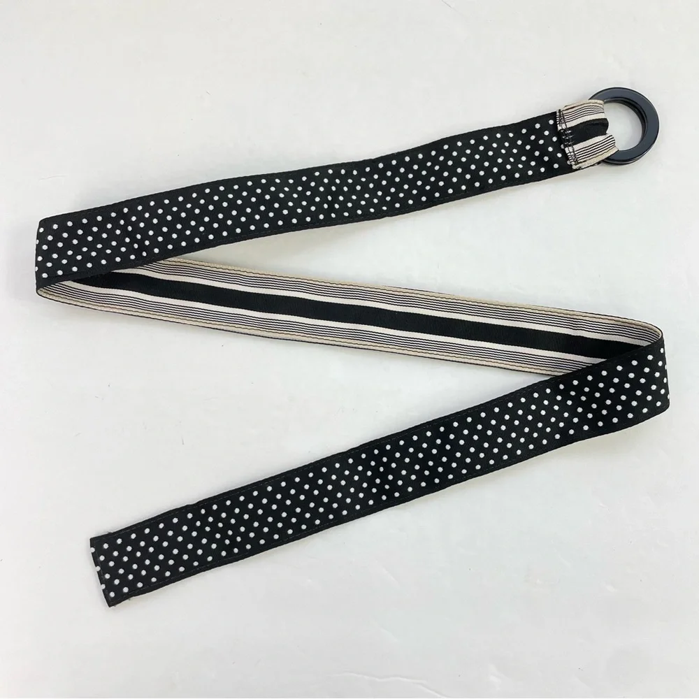 Black White Polka Dot‎ Striped Reversible Ribbon Belt Double Ring